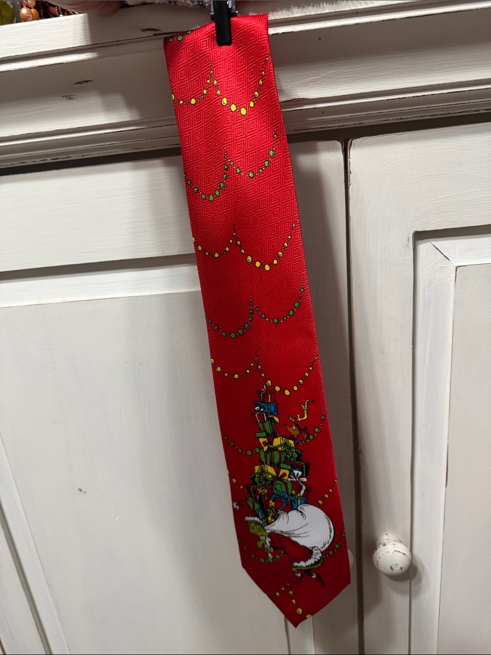 Dr. Seuss Red Tie with Grinch and Stacked Gifts
